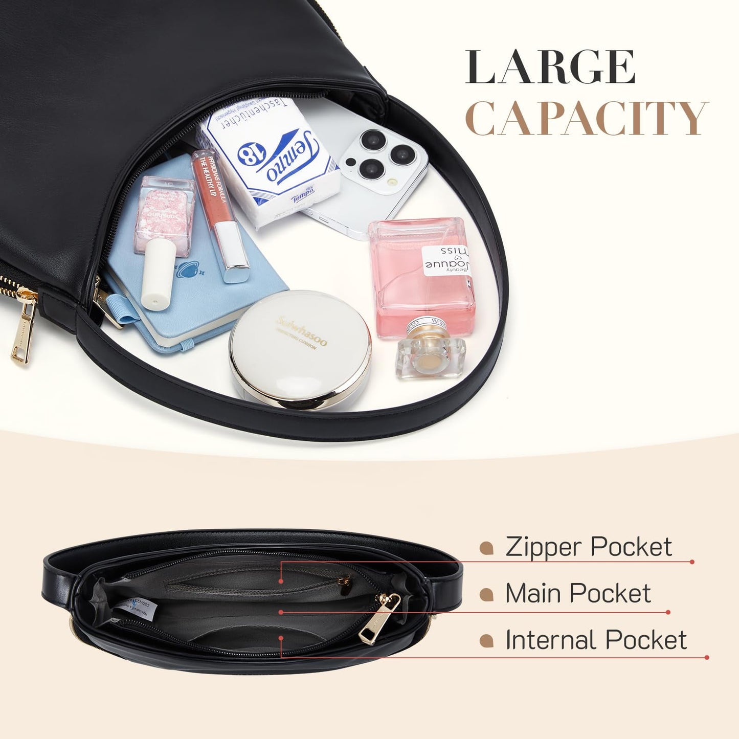 Small Vegan Leather Shoulder Bag – Black Crescent Hobo Purse with Expansion Zipper