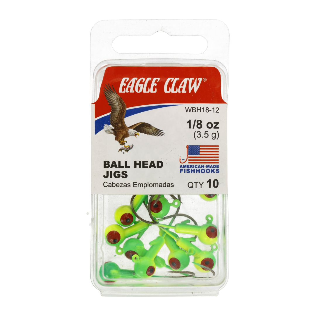 Eagle Claw Ball Head Fishing Jig – Lime & Chartreuse with Red Eye | 10 Count Bass & Walleye Lures Eagle Claw