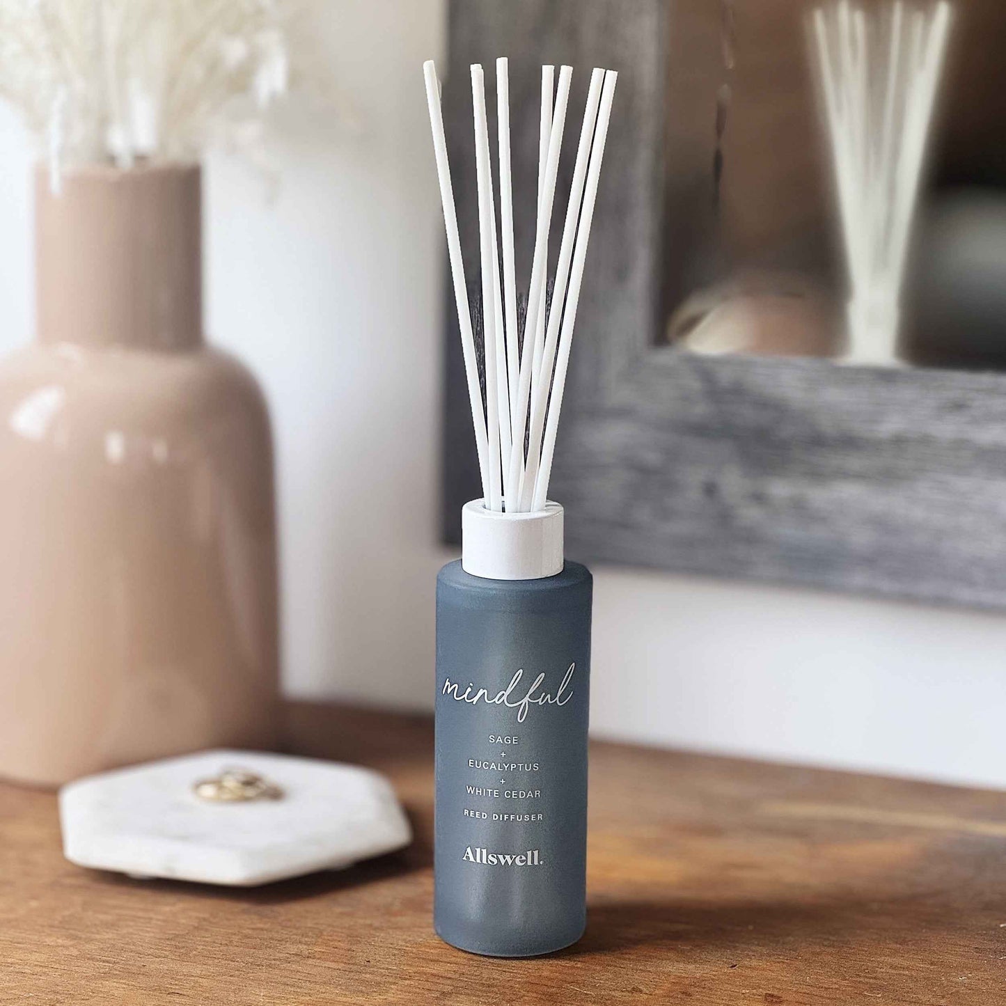 Allswell Mindful Scented Reed Diffuser – Sage, Eucalyptus & White Cedar – 3 Fl Oz (90mL) with 8 Synthetic Reeds