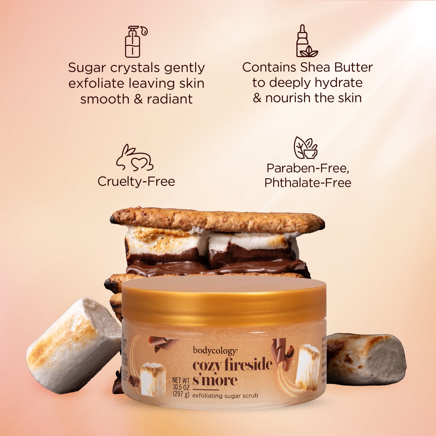 Bodycology Exfoliating Sugar Scrub, Cozy Fireside S’more – Gently Polishes & Hydrates with Warm Sweet Scent – 10 oz Jar