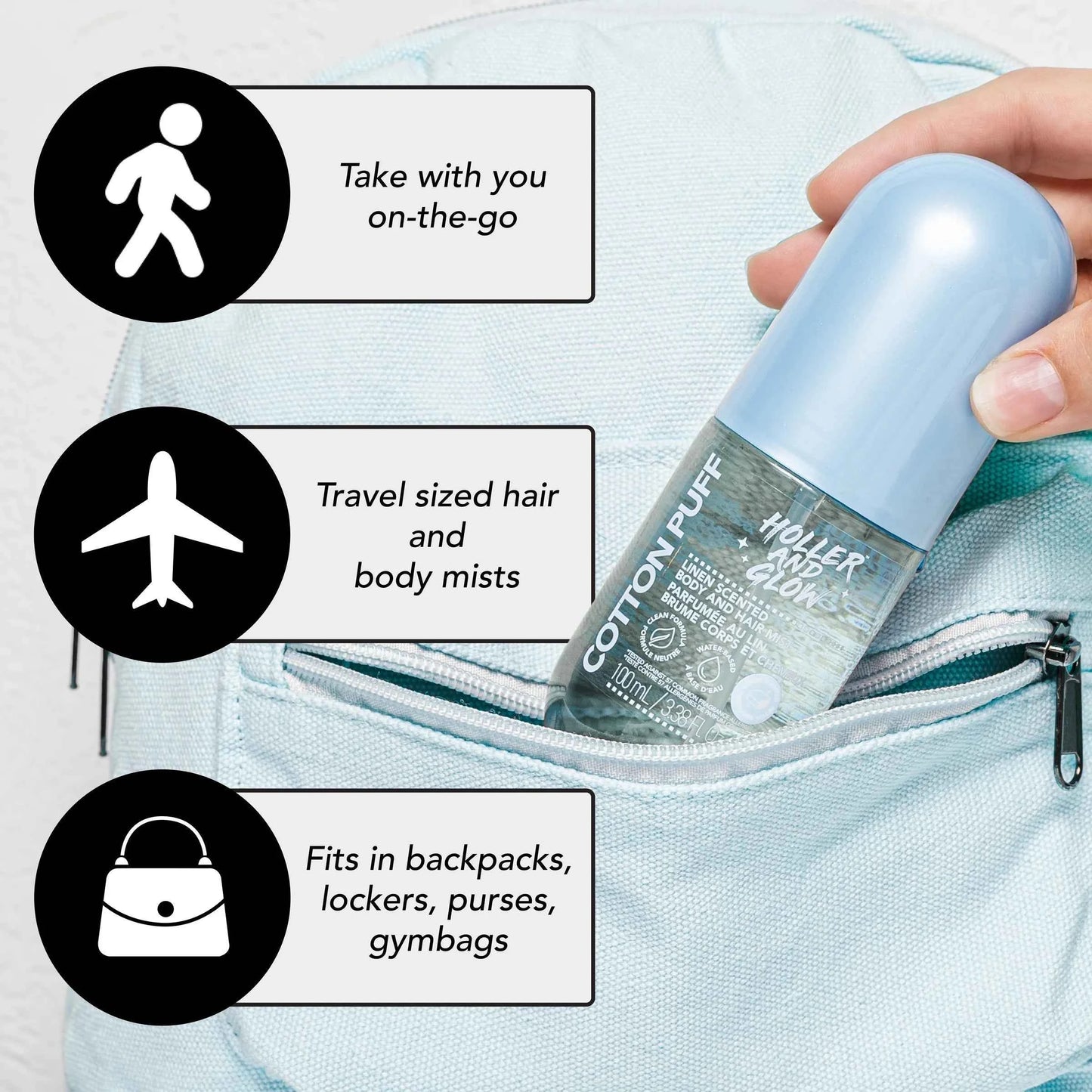 Holler and Glow Cotton Puff Body and Hair Mist – Fresh Clean Scent, Water-Based Spray, 3.38 fl oz