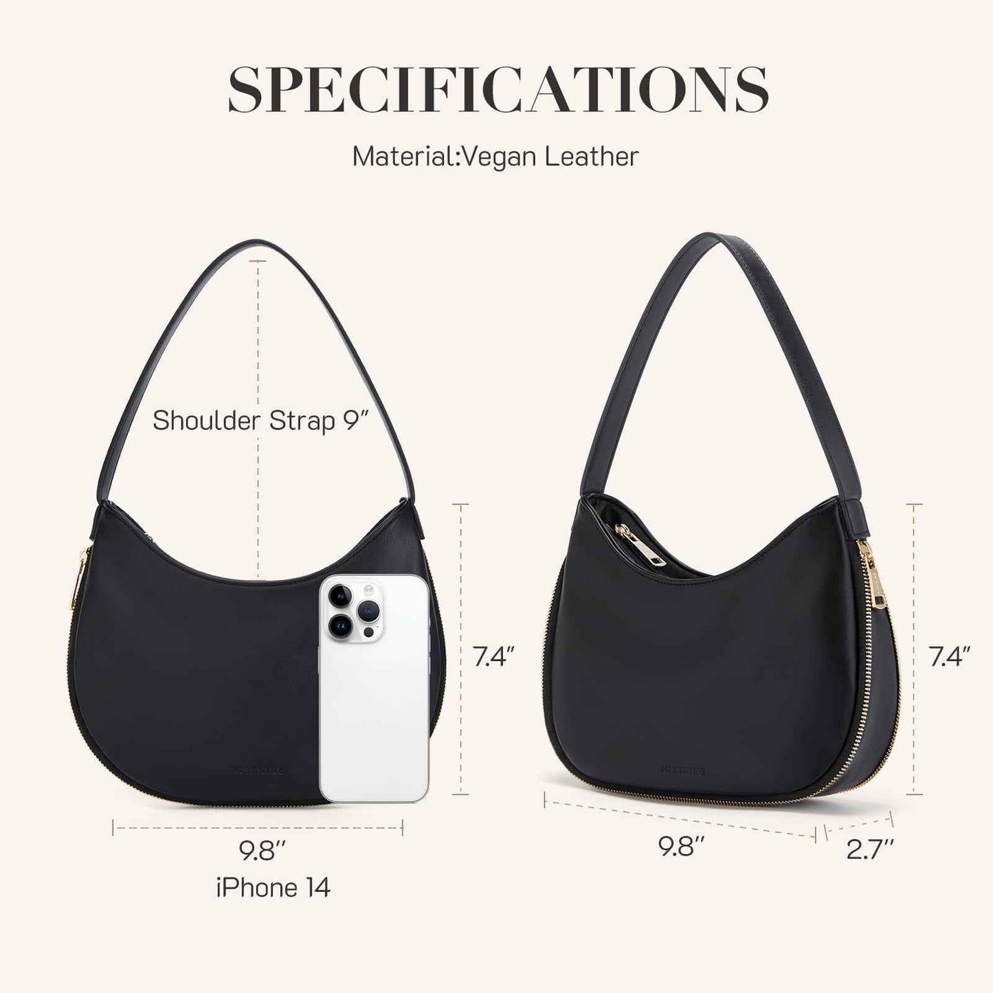 Small Vegan Leather Shoulder Bag – Black Crescent Hobo Purse with Expansion Zipper