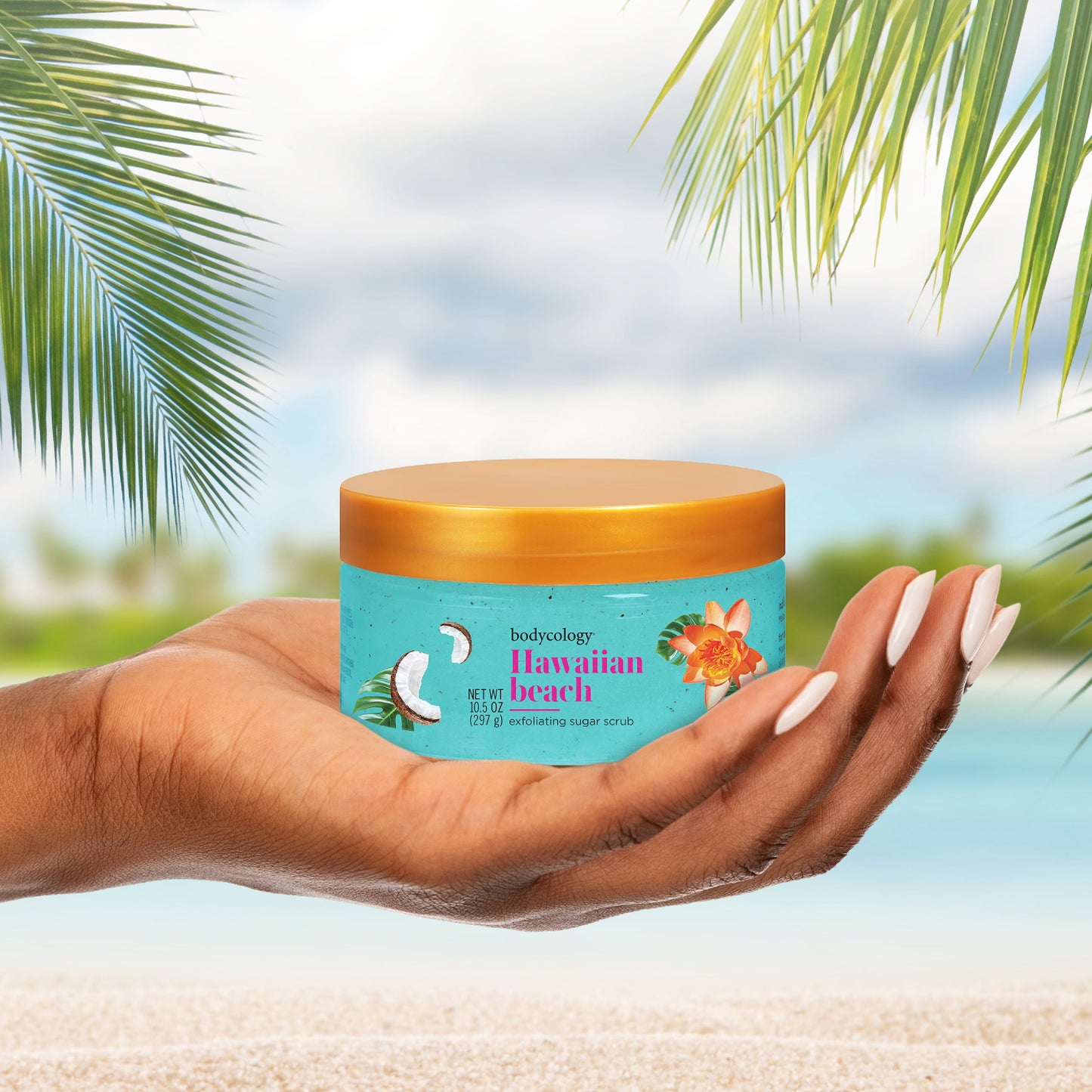 Bodycology Exfoliating Sugar Scrub, Hawaiian Beach – Gently Polishes & Hydrates with Tropical Coconut-Citrus Scent – 10 fl oz Jar