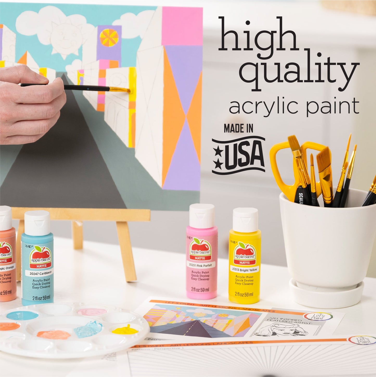 Apple Barrel 13430 Acrylic Paint Kit – 34 Piece Set with 23 Paints, 10 Brushes, Mod Podge & Video Lessons – Non-Toxic Art Supplies for Kids & Beginners