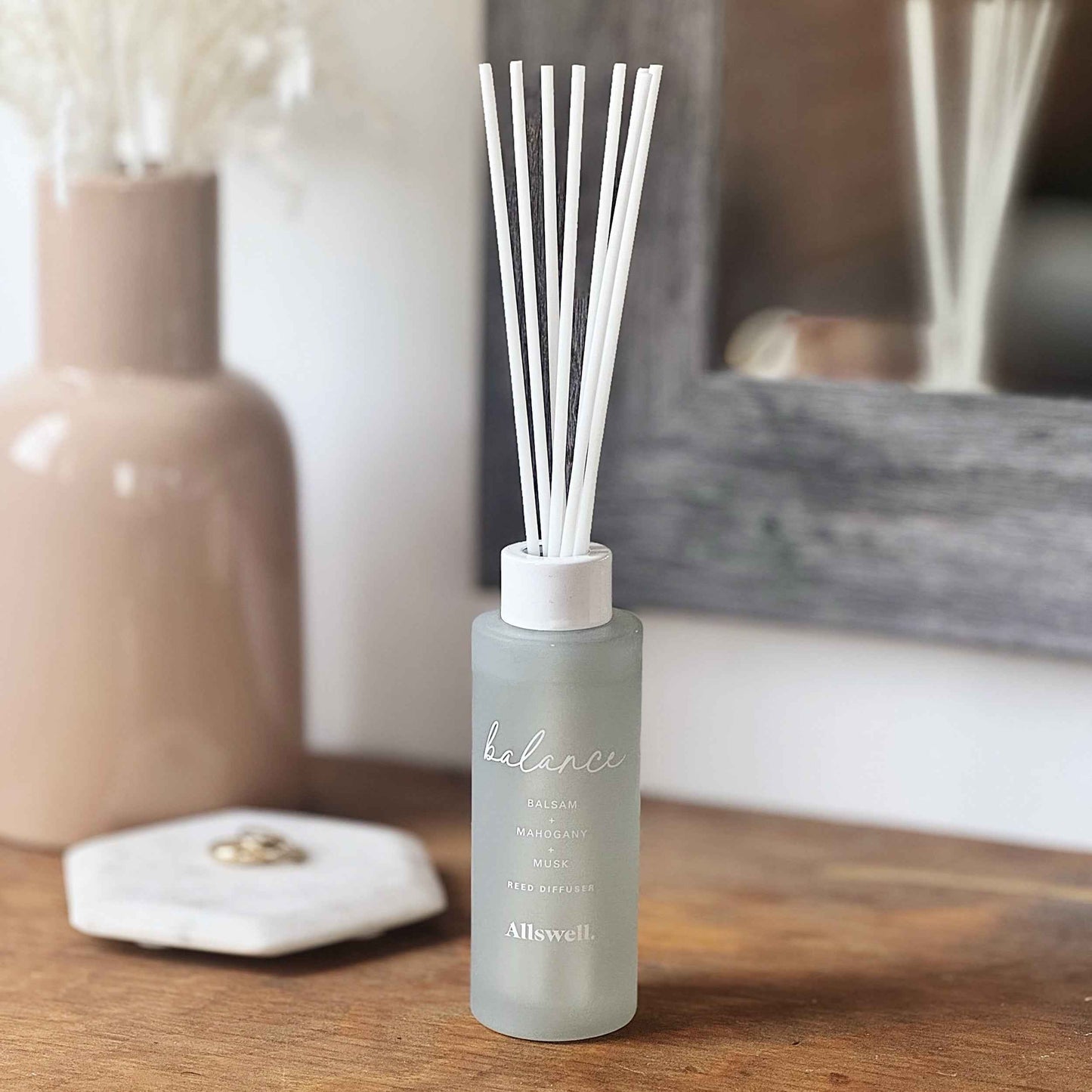 Allswell Balance Scented Reed Diffuser – Balsam, Mahogany & Musk – 3 Fl Oz (90mL) with 8 Synthetic Reeds
