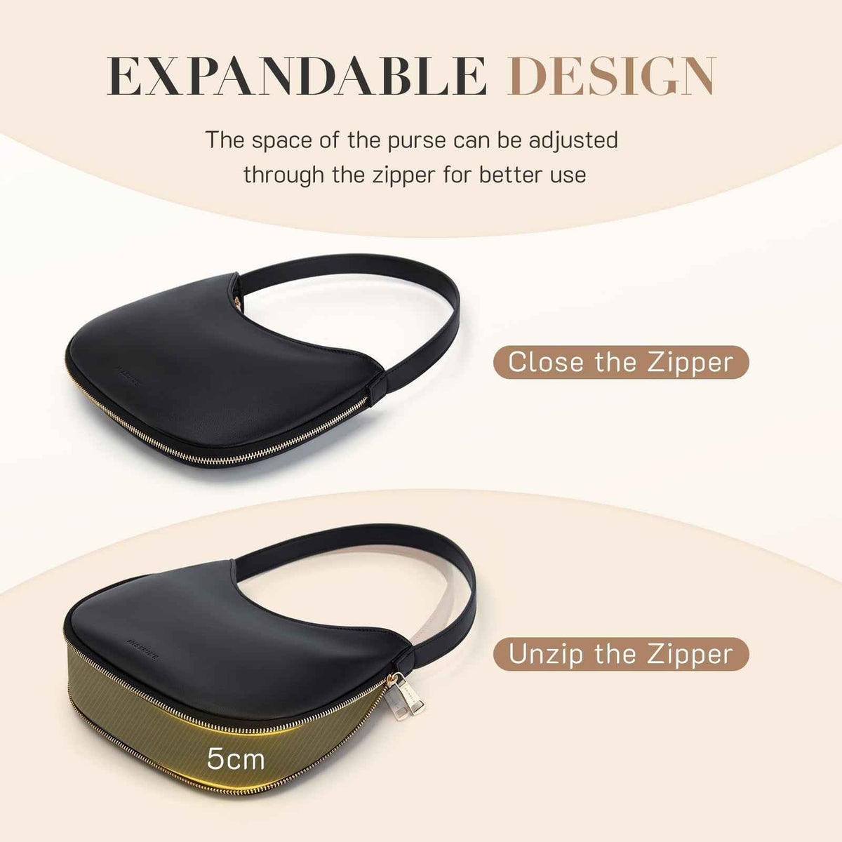 Small Vegan Leather Shoulder Bag – Black Crescent Hobo Purse with Expansion Zipper