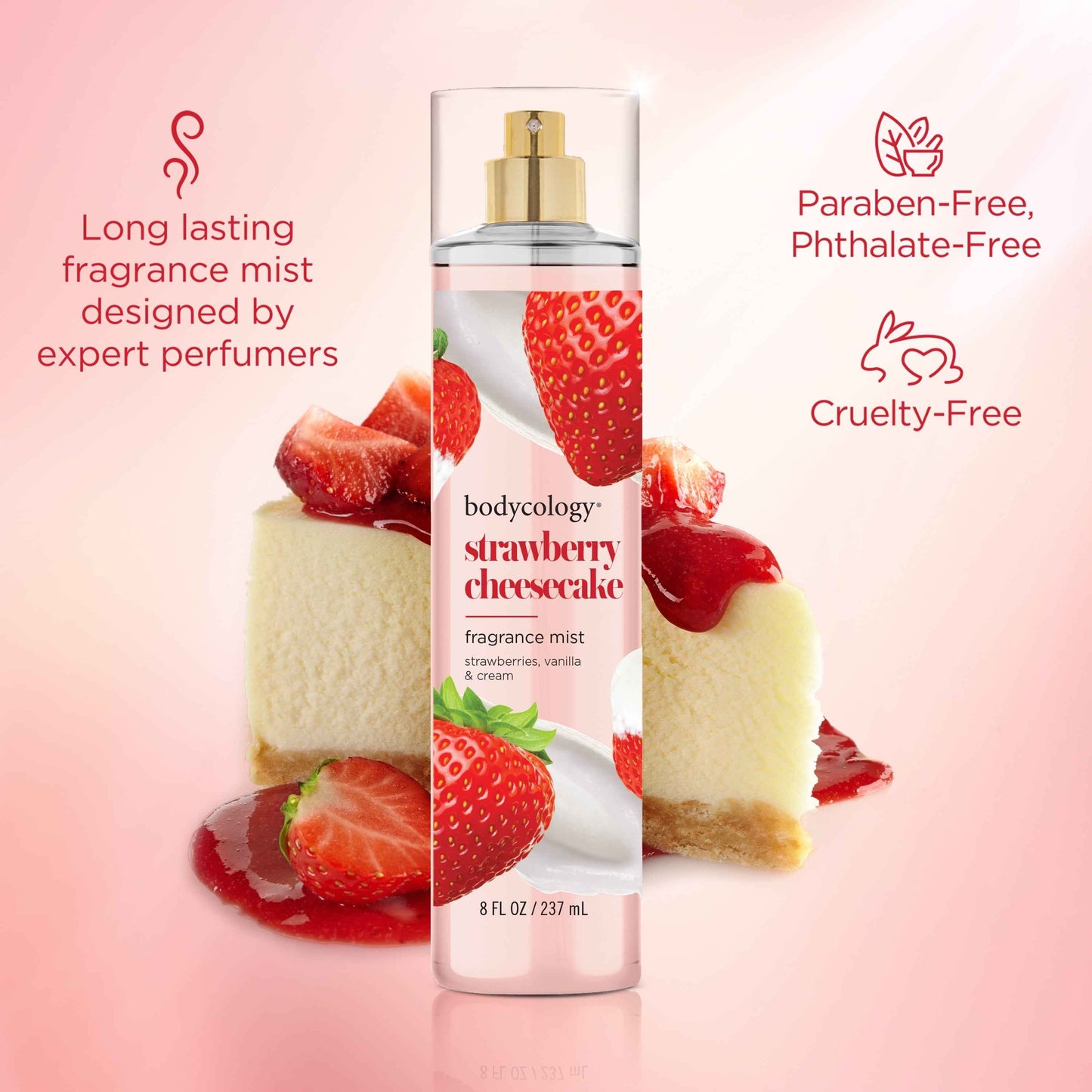 Bodycology Fragrance Body Mist Strawberry Cheesecake 8 fl oz with Strawberries Vanilla & Cream Scent