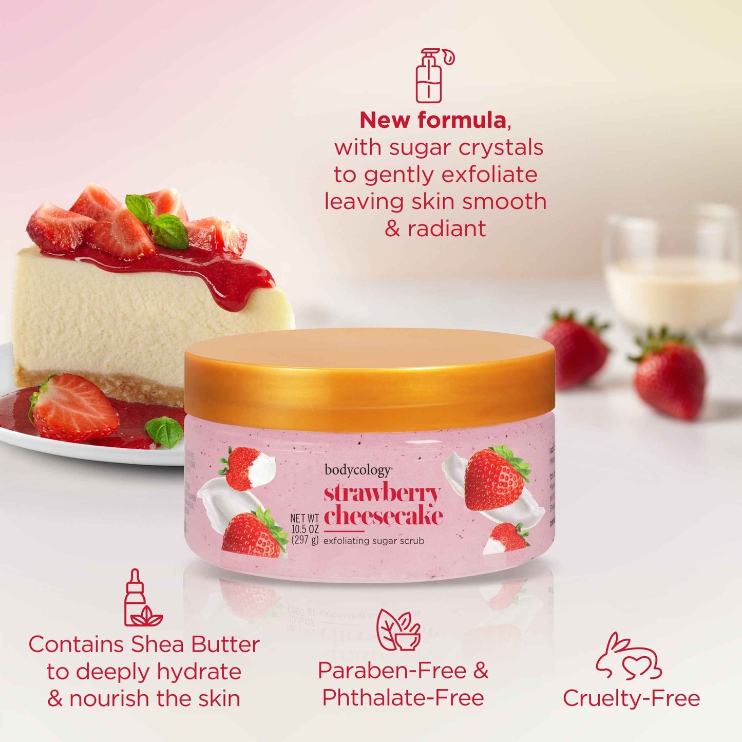 Bodycology Exfoliating Sugar Scrub – Strawberry Cheesecake, 10.5 oz
