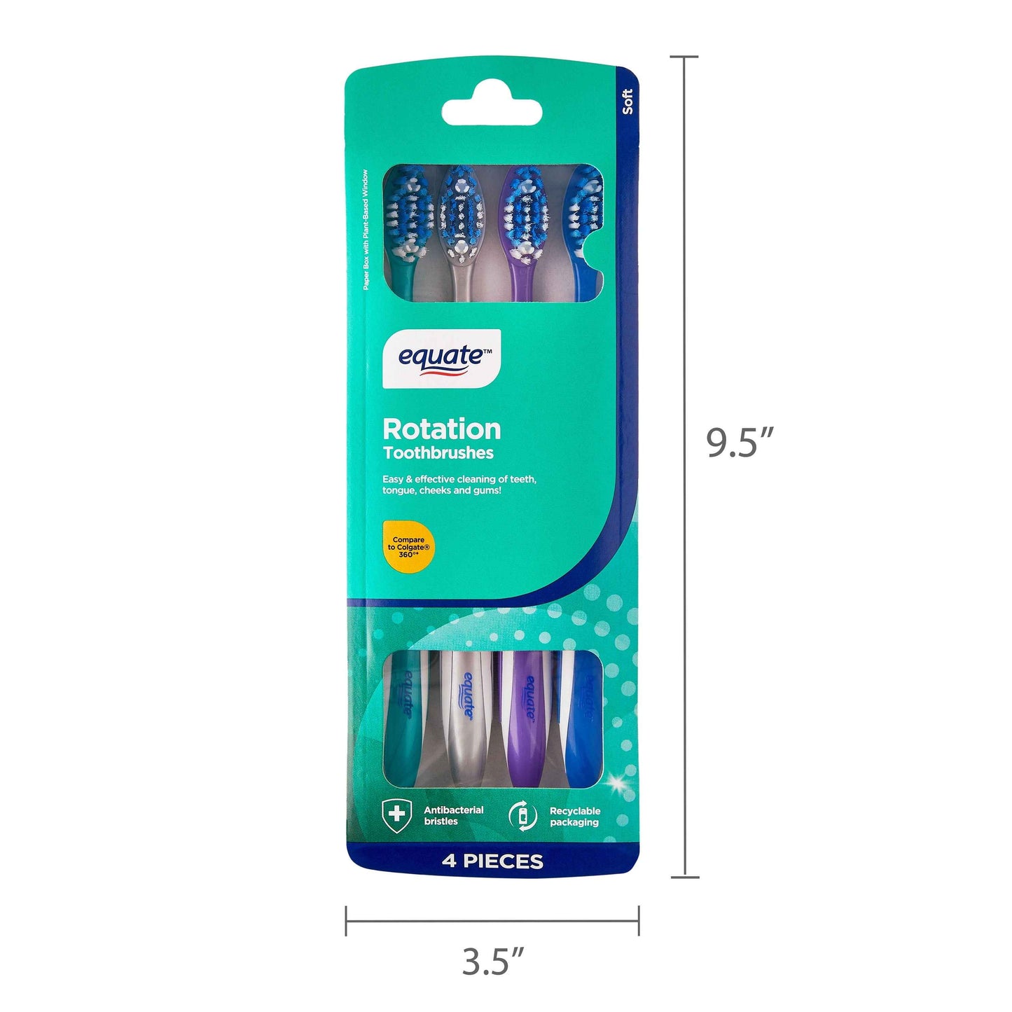 Equate Rotation Manual Toothbrush with Tongue & Cheek Cleaner, Soft Bristles (4 Count)