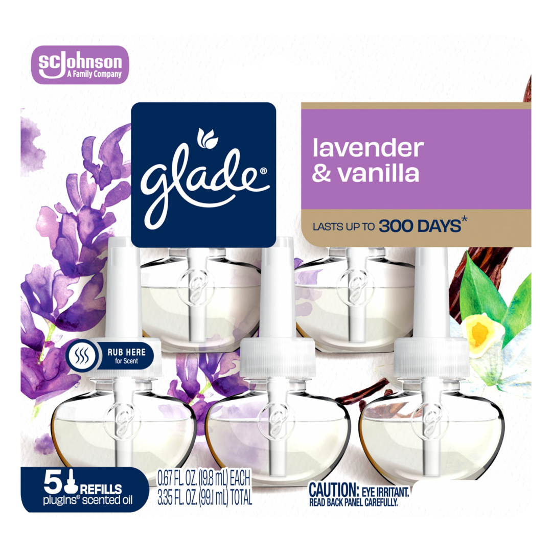 Glade lavender & vanilla plug-in scent oil refill pack, 5 refills, featuring five clear glass bottles with white dispensers, a navy blue Glade logo, a purple lavender & vanilla label, and floral illustrations.