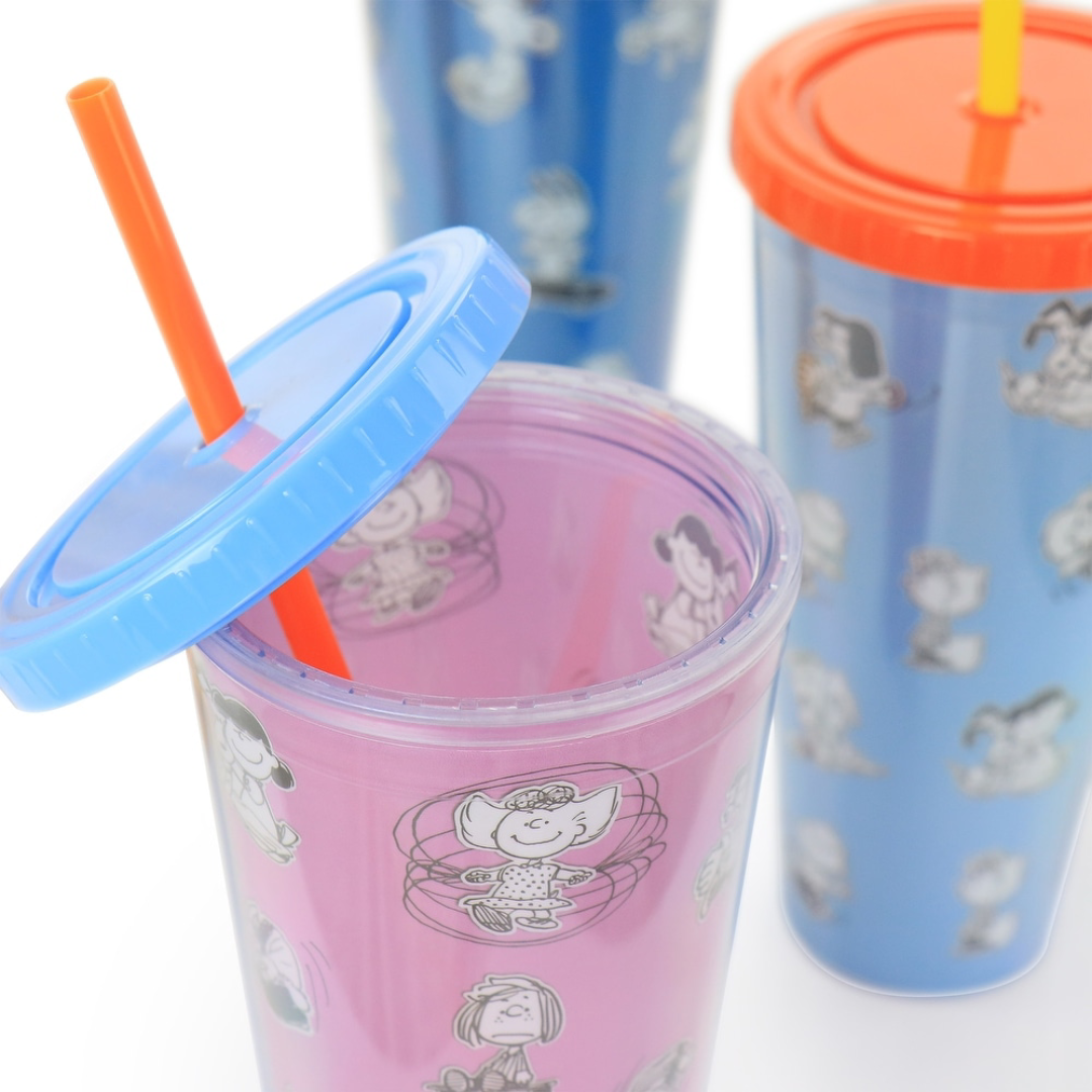 Gibson Peanuts 70th Anniversary 4 Piece Plastic Tumbler Set 23.6oz with Lid and Straw Assorted Colors Reusable Drinkware Gibson
