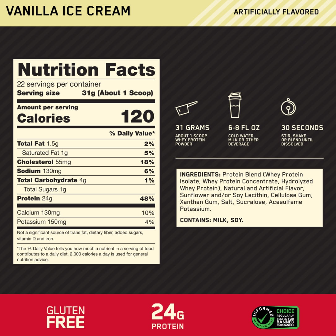 Optimum Nutrition Gold Standard 100% Whey Protein Powder – Vanilla Ice Cream, 1.5 lb, 24g Protein, 22 Servings Optimum Nutrition