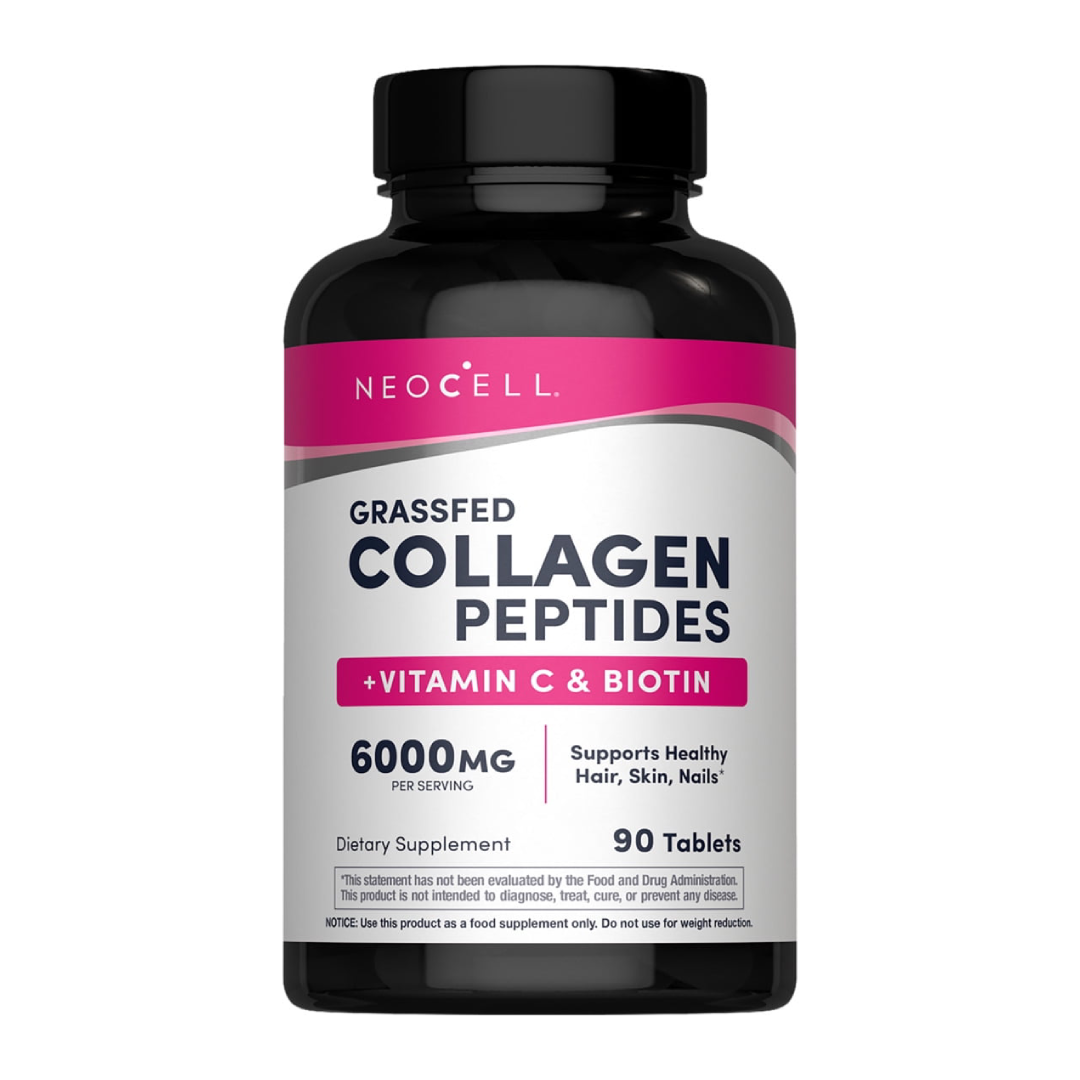 NeoCell Grassfed Collagen Peptides + Vitamin C & Biotin – 6000mg, 90 Tablets for Skin, Hair & Nail Health NeoCell