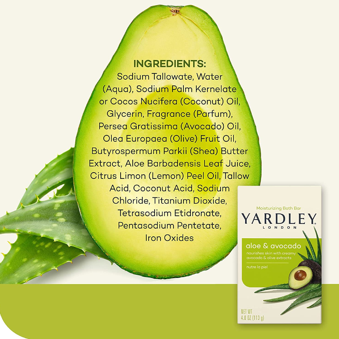 Yardley London Moisturizing Bath Bar Aloe & Avocado 4 oz | 4 Pack Gentle Hydrating Soap Yardley