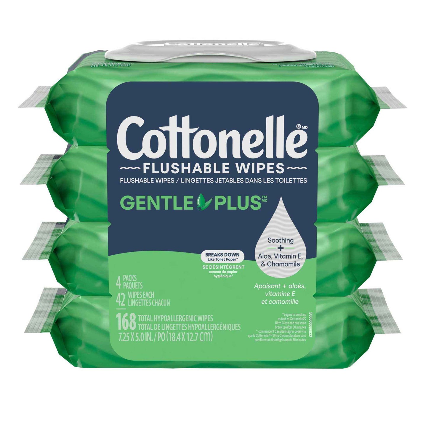 Cottonelle GentlePlus Flushable Wet Wipes with Aloe & Vitamin E, Hypoallergenic, Septic-Safe, 4 Flip-Top Packs (168 Wipes Total)