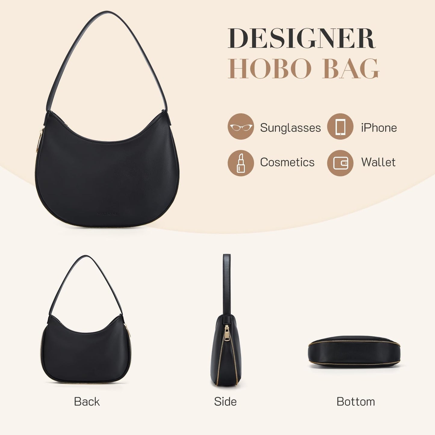 Small Vegan Leather Shoulder Bag – Black Crescent Hobo Purse with Expansion Zipper