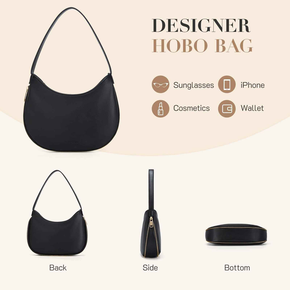Small Vegan Leather Shoulder Bag – Black Crescent Hobo Purse with Expansion Zipper