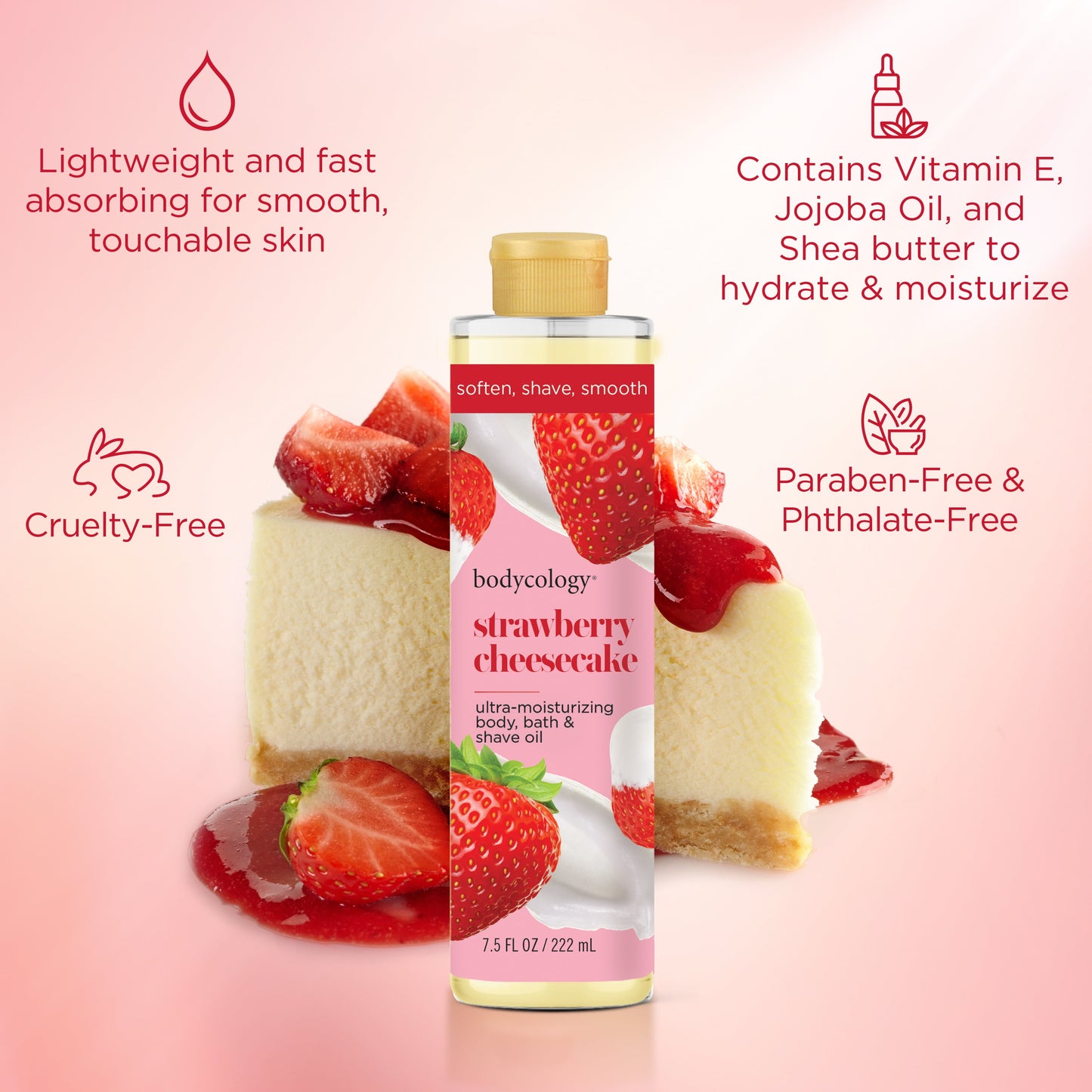 Bodycology Ultra-Moisturizing Body, Bath & Shave Oil – Strawberry Cheesecake Scent, 7.5 fl oz