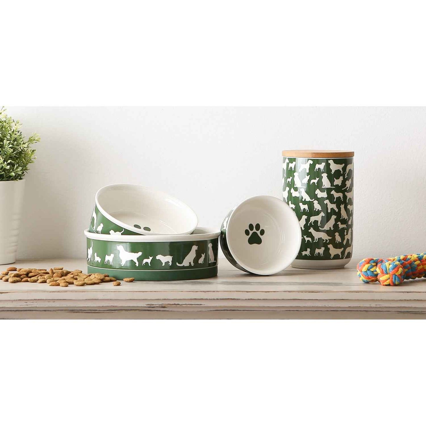 Bone Dry Ceramic Dog Bowl Set, Large 7.5", Microwave & Dishwasher Safe, Hunter Green, 2-Pack