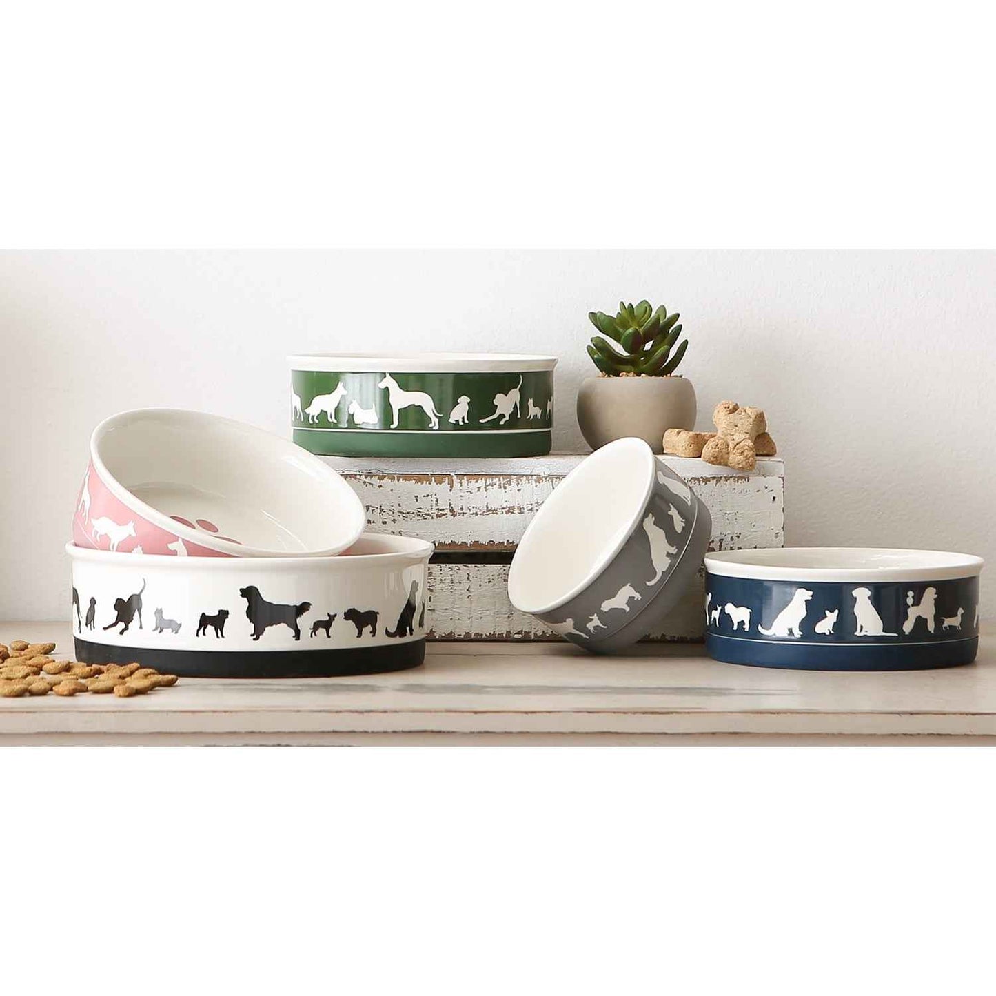Bone Dry Ceramic Dog Bowl Set, Large 7.5", Microwave & Dishwasher Safe, Hunter Green, 2-Pack