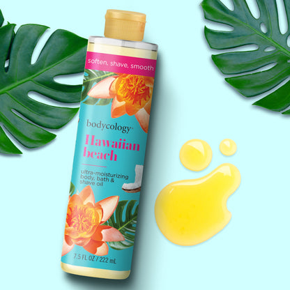 Bodycology Ultra Moisturizing Body, Bath & Shave Oil – Hawaiian Beach Scent | 3-in-1 Hydrating Skin Oil – 7.5 fl oz