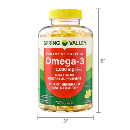 Spring Valley Proactive Support Omega-3 Fish Oil – 1000 mg, 120 Softgels – Heart, Brain & General Health