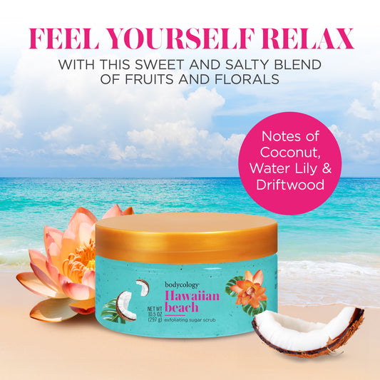 Bodycology Exfoliating Sugar Scrub, Hawaiian Beach – Gently Polishes & Hydrates with Tropical Coconut-Citrus Scent – 10 fl oz Jar