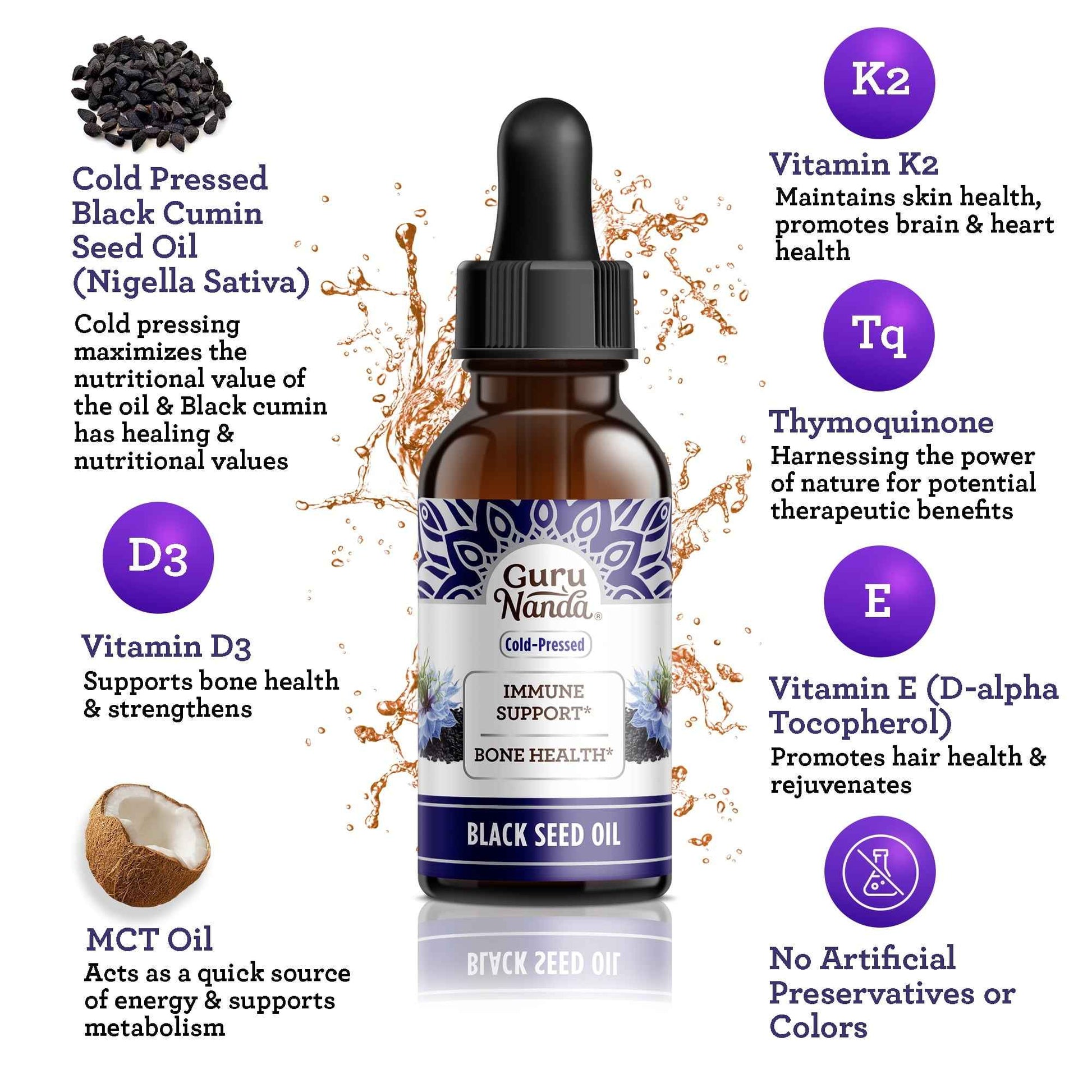 GuruNanda Cold Pressed Black Seed Oil with Vitamins D3, E & K2 – 2 fl oz – Supports Skin, Bone & Immune Health