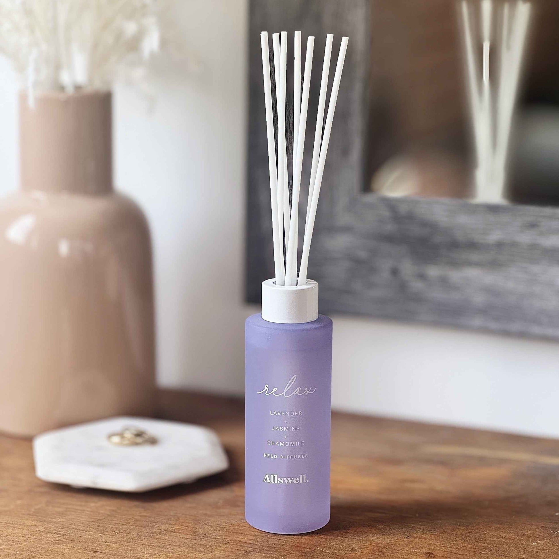 Allswell Relax Scented Reed Diffuser – Lavender, Jasmine & Chamomile – 3 Fl Oz (90mL) with 8 Synthetic Reeds
