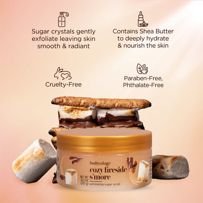 Bodycology Exfoliating Sugar Scrub, Cozy Fireside S’more – Gently Polishes & Hydrates with Warm Sweet Scent – 10 oz Jar