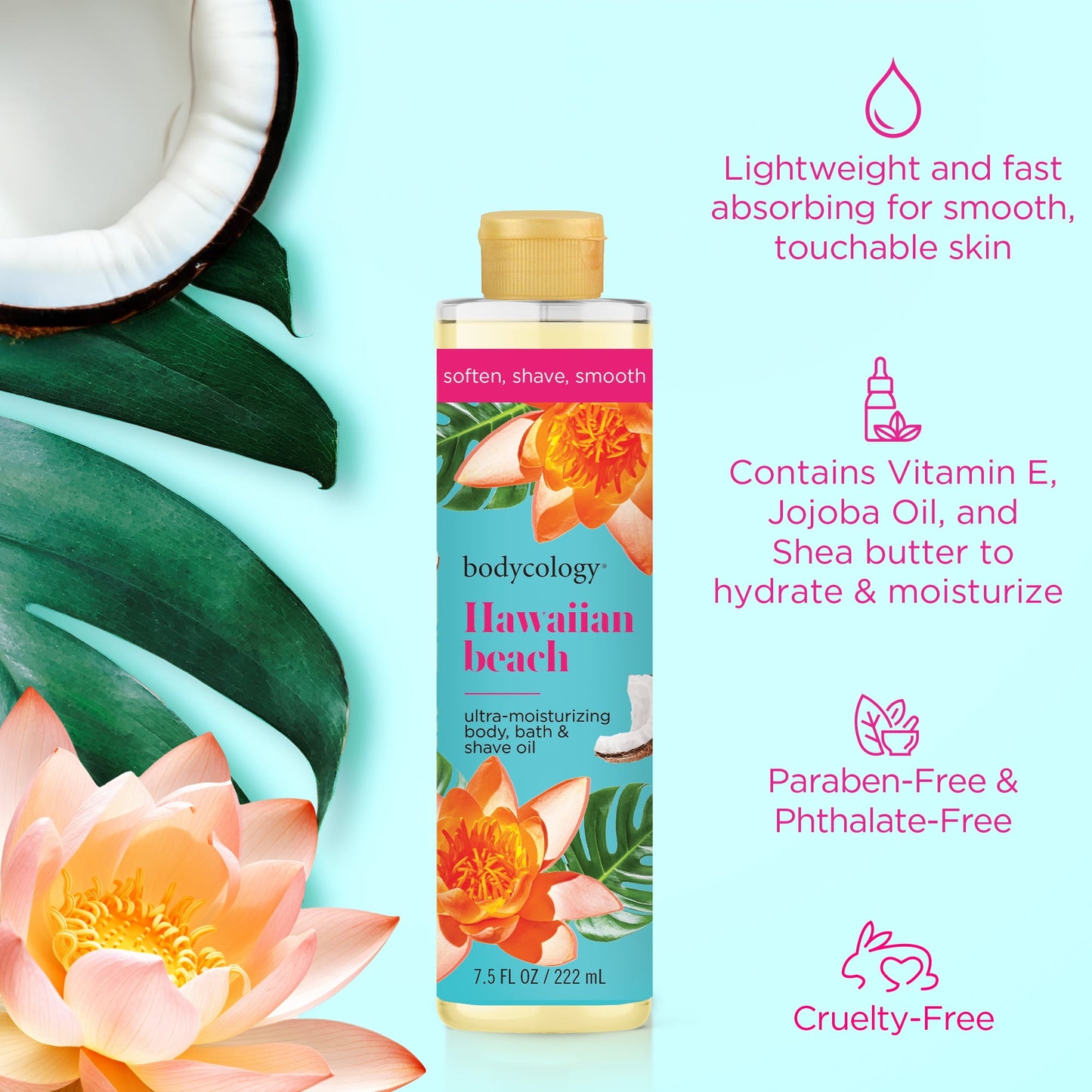 Bodycology Ultra Moisturizing Body, Bath & Shave Oil – Hawaiian Beach Scent | 3-in-1 Hydrating Skin Oil – 7.5 fl oz