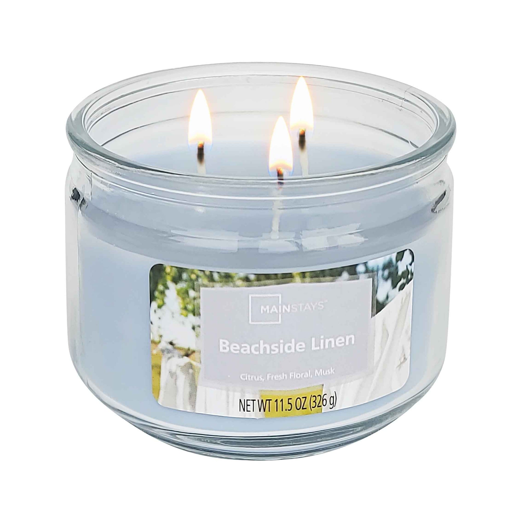 Mainstays Beachside Linen 3-Wick Glass Jar Candle – Fresh Clean Scent, Blue, 11.5 oz