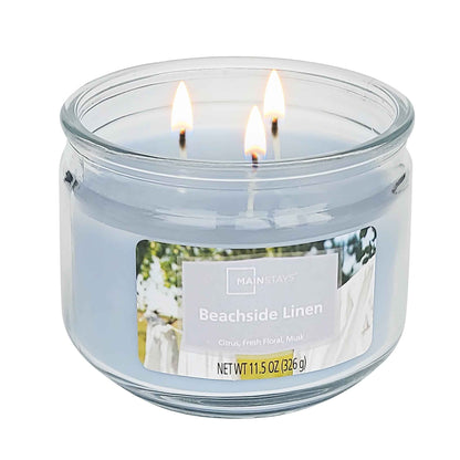 Mainstays Beachside Linen 3-Wick Glass Jar Candle – Fresh Clean Scent, Blue, 11.5 oz