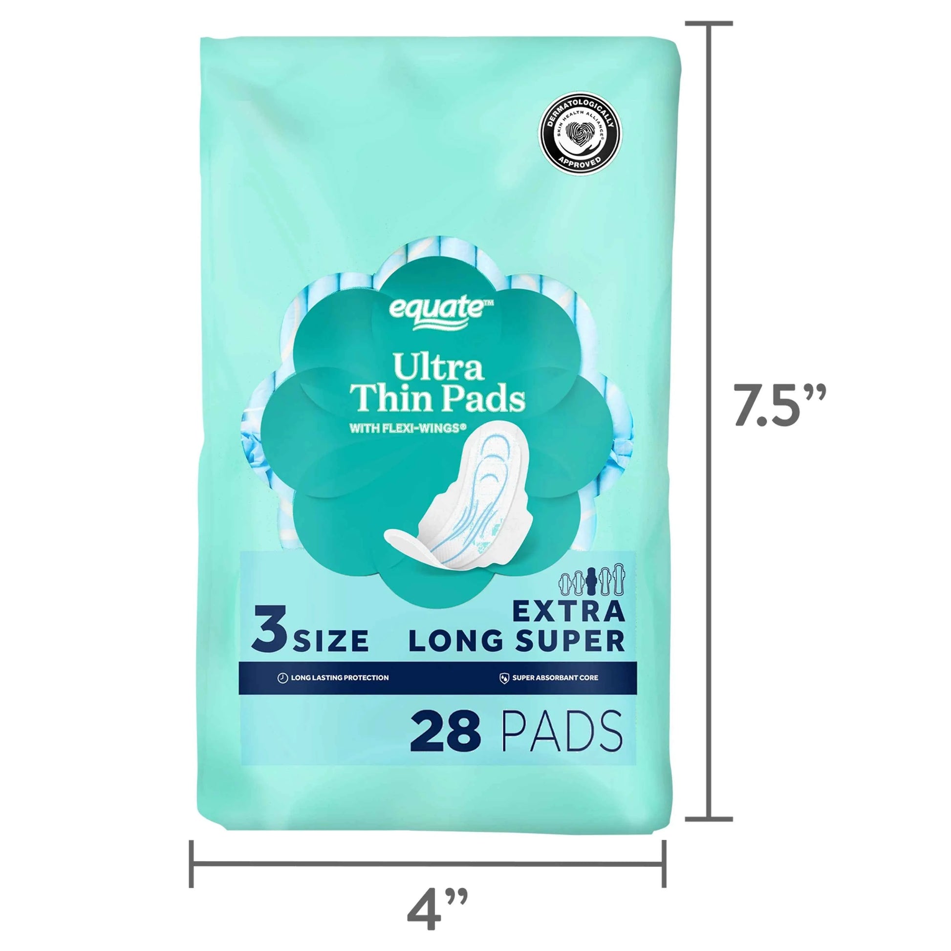 Equate Ultra Thin Pads with Wings – Size 3 Extra Long Super Protection, 28 Count