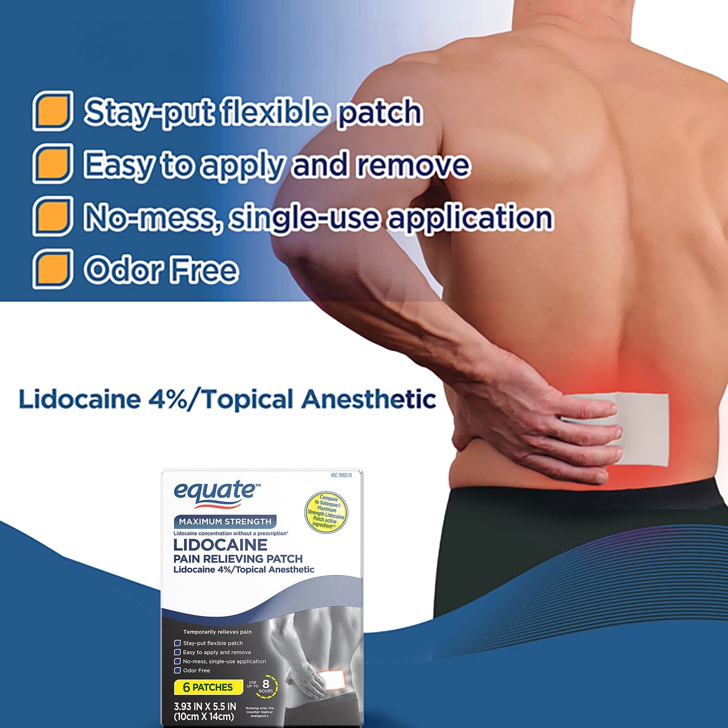 Equate Lidocaine Pain Relieving Patch – 4% Lidocaine, 6 Count