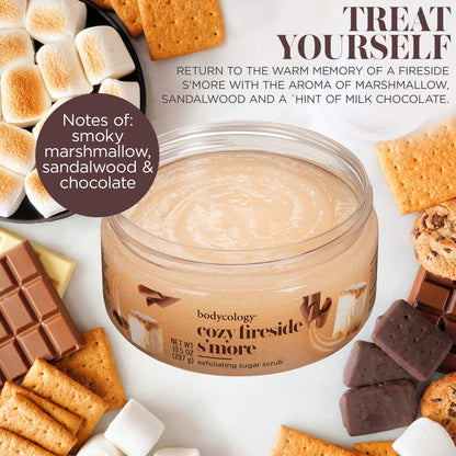 Bodycology Exfoliating Sugar Scrub, Cozy Fireside S’more – Gently Polishes & Hydrates with Warm Sweet Scent – 10 oz Jar