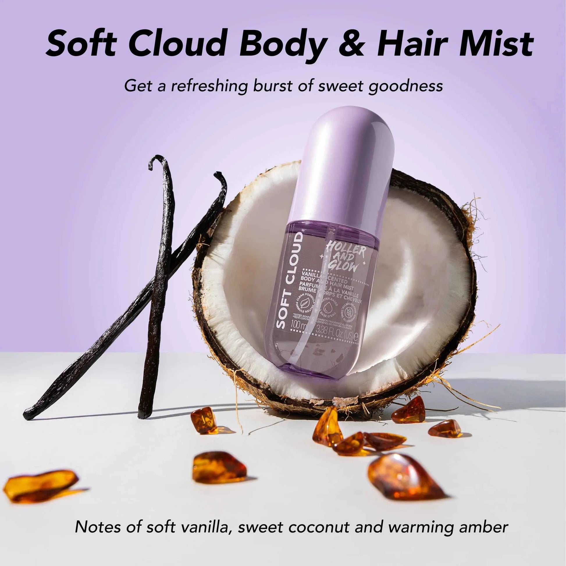 Holler and Glow Soft Cloud Body & Hair Mist – Sweet Scented, Water-Based | 3.38 fl oz