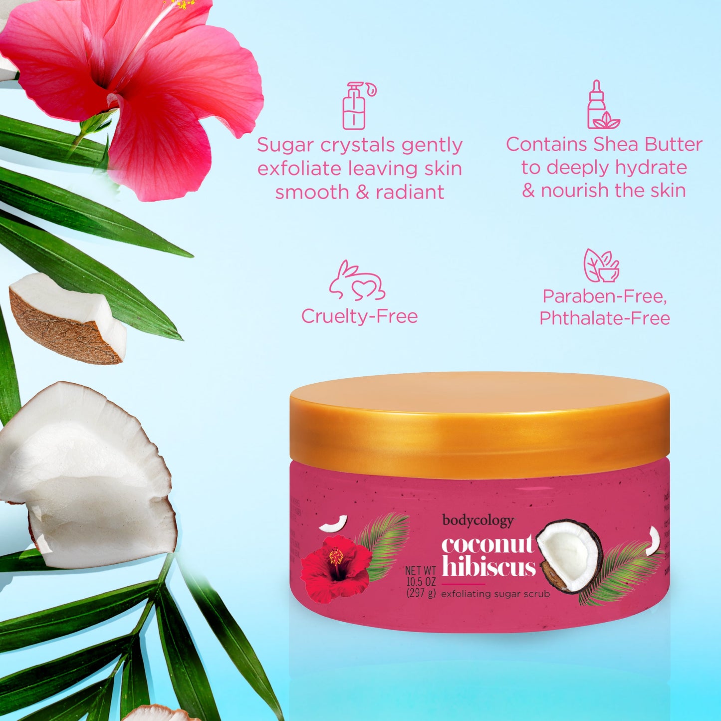 Bodycology Exfoliating Sugar Scrub, Coconut Hibiscus – 10.5 oz Jar – Gentle Body Exfoliator with Tropical Floral Scent