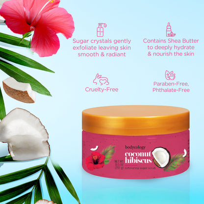 Bodycology Exfoliating Sugar Scrub, Coconut Hibiscus – 10.5 oz Jar – Gentle Body Exfoliator with Tropical Floral Scent