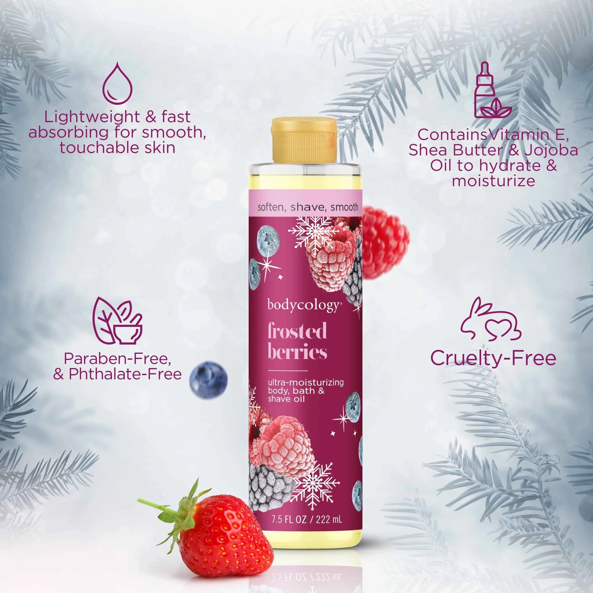 Bodycology Ultra Moisturizing Body, Bath & Shave Oil – Frosted Berries, 7.5 fl oz
