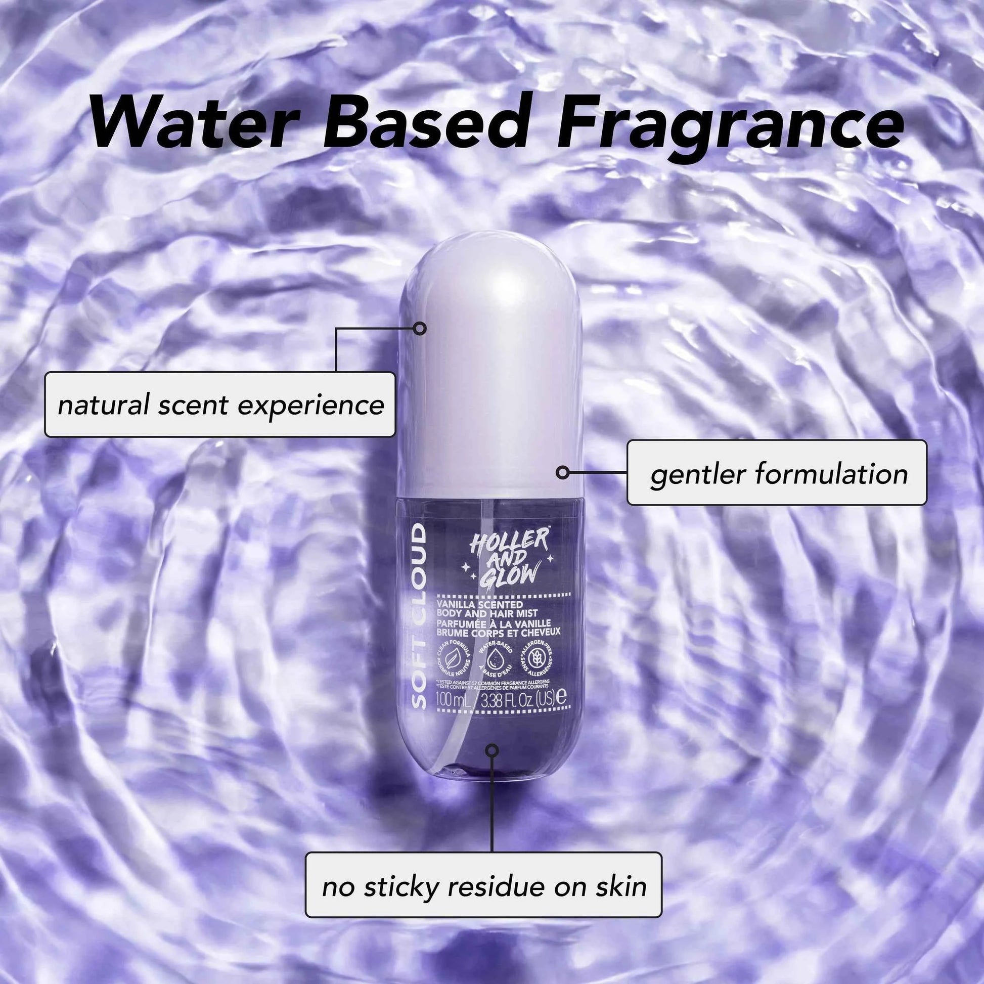 Holler and Glow Soft Cloud Body & Hair Mist – Sweet Scented, Water-Based | 3.38 fl oz