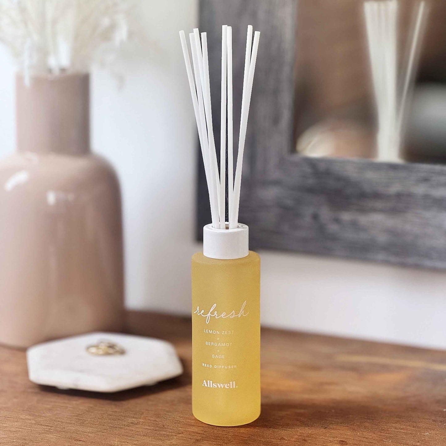 Allswell Refresh Scented Reed Diffuser – Lemon Zest, Bergamot & Sage – 3 Fl Oz (90mL) with 8 Synthetic Reeds
