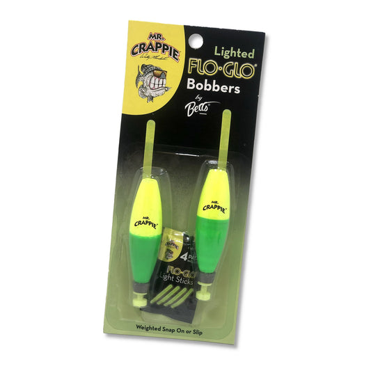 Betts Mr. Crappie M2BW-2YG-GL Flo-Glo Lighted Fishing Bobbers – 2.5", Cigar Shape, Yellow/Green, 2-Pack