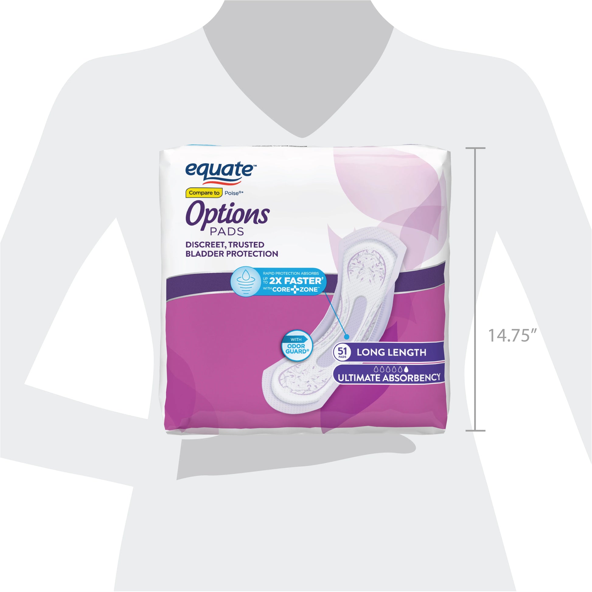 Equate Options Women's Incontinence Pads – Ultimate Absorbency, Long Length, 51 Count