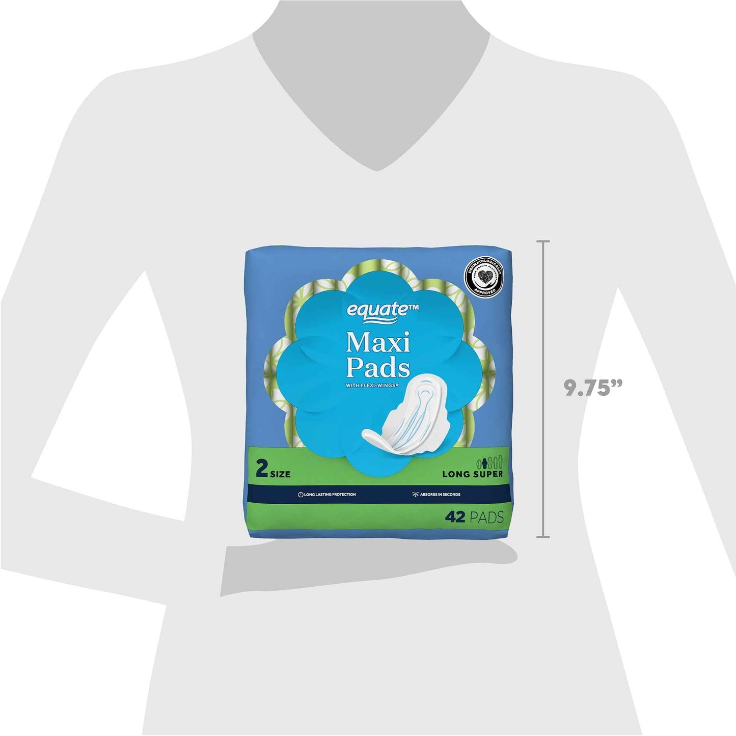 Equate Maxi Pads with Wings – Size 2 Long Super Protection, 42 Count