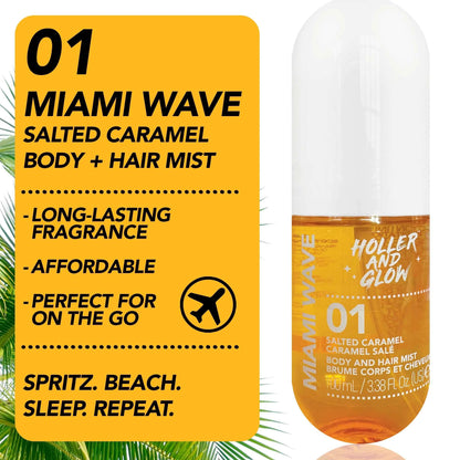 Holler and Glow Miami Wave Salted Caramel Body & Hair Mist – 3.38 fl oz