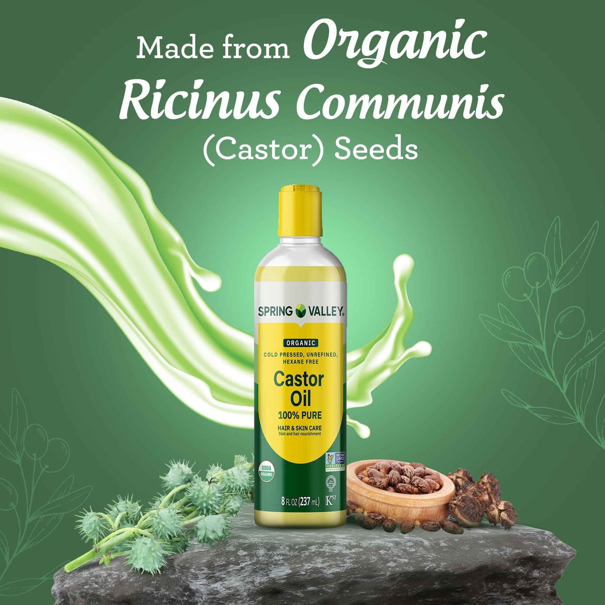 Spring Valley Cold-Pressed Castor Oil – Organic, Unrefined & Hexane-Free – For Hair, Skin & Brows – 8 fl oz