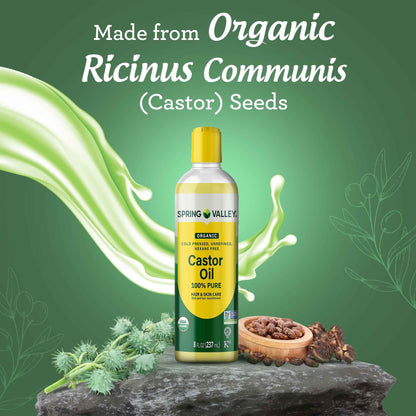 Spring Valley Cold-Pressed Castor Oil – Organic, Unrefined & Hexane-Free – For Hair, Skin & Brows – 8 fl oz