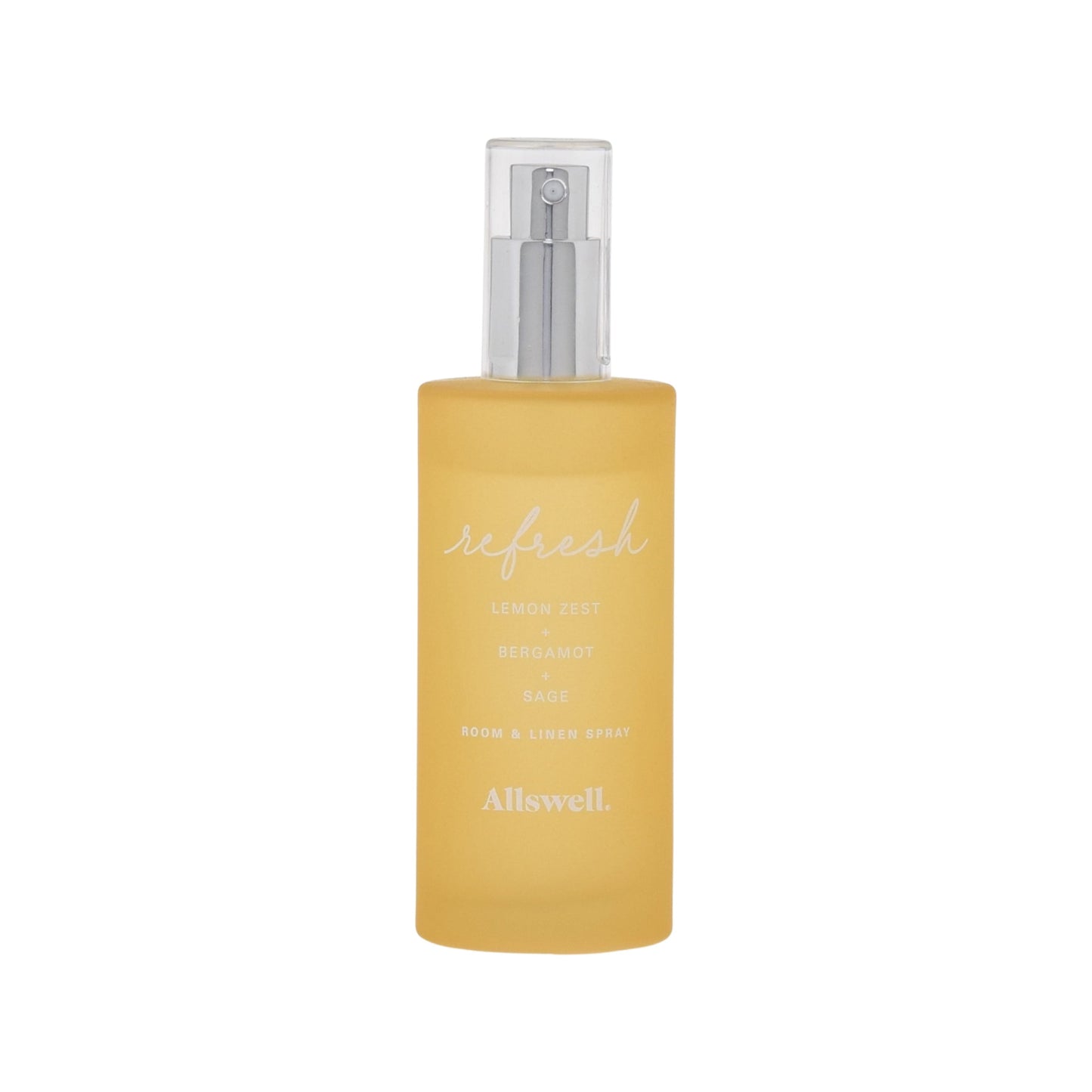 Yellow bottle with silver cap labeled 'refresh' by Alliswell on a white background