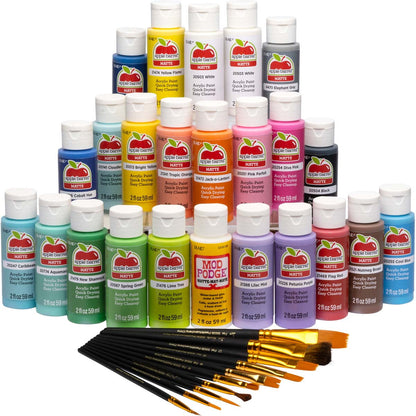 Apple Barrel 13430 Acrylic Paint Kit – 34 Piece Set with 23 Paints, 10 Brushes, Mod Podge & Video Lessons – Non-Toxic Art Supplies for Kids & Beginners